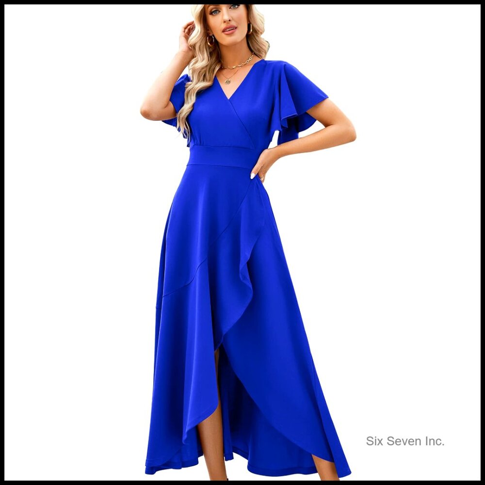 Long Formal Dress With V-Neck Wrap Waist Ruffle Sleeves Split Hem